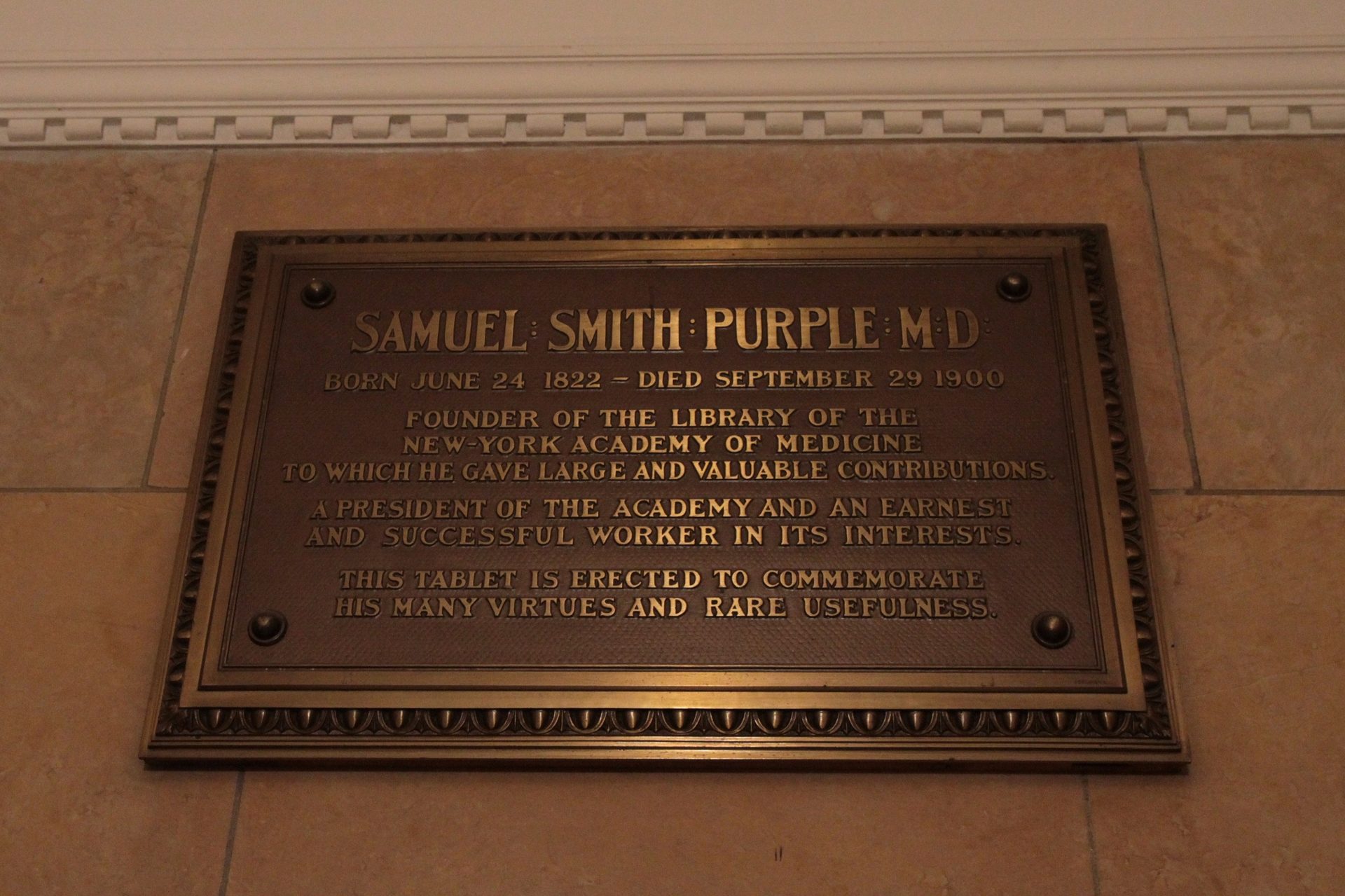 Samuel%20Smith%20Purple%27s%20memorial%20tablet%2C%20The%20New%20York%20Academy%20of%20Medicine%2C%20New%20York.JPG